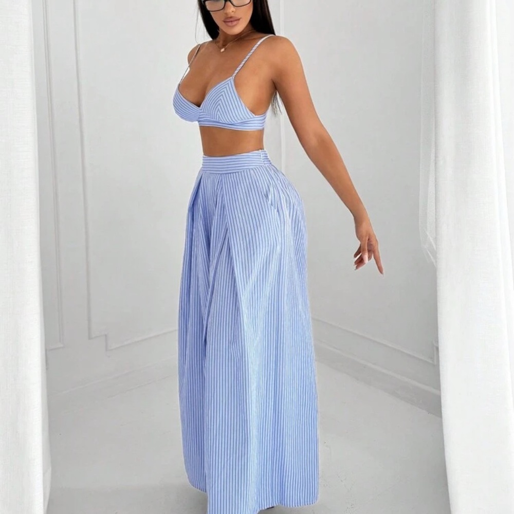 SHEIN Blue Striped Wide Leg Jumpsuit